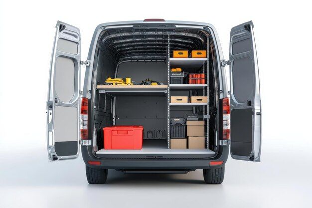 Välorganiserad skåpbil med hyllsystem och verktygsförvaring.